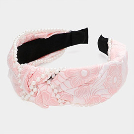 Pearl Embellished Flower Patterned Knot Burnout Headband
