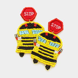 Stop Message Felt Back Seed Beaded School Bus Dangle Earrings