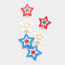 American USA Flag Glittered Triple Star Link Dangle Earrings