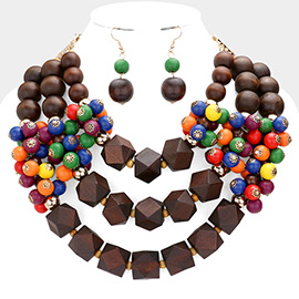 Colorful Wood Ball Pointed Triple Layered Necklace
