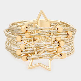 Open Metal Star Accented Faux Leather Magnetic Bracelet