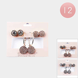 12 Set of 3 - Rhinestone Embellished Round Earrings