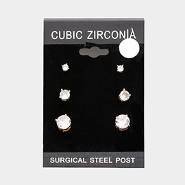 3Pairs - CZ Round Stud Earrings