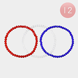 12 Set of 3 - American USA Flag Faceted Beaded Stretch Bracelets