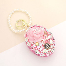 Floral Pearl Multi Bead Embellished Oval Compact Mirror / Keychain