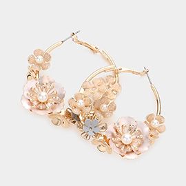 Pearl Centered Flower Cluster Hoop Earrings