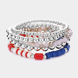 5PCS - Metal Ball American USA Flag Beaded Stretch Bracelets