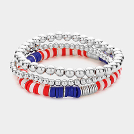 3PCS - Metal Ball American USA Flag Beaded Stretch Bracelets