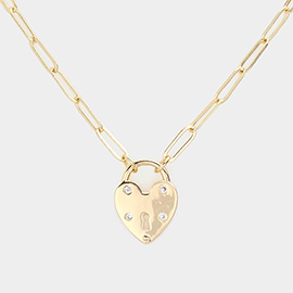 Brass Metal CZ Embellished Heart Lock Pendant Necklace