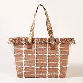 Top Fringe Pointed Check Patterned Tote Bag