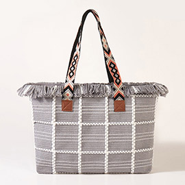 Top Fringe Pointed Check Patterned Tote Bag