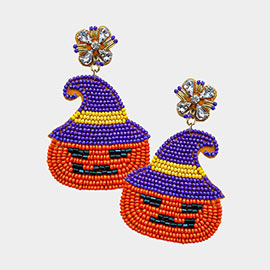 Felt Back Beaded Witch Hat Pumpkin Dangle Earrings