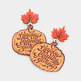Happy Thanksgiving Message Wood Maple Leaf Pumpkin Link Dangle Earrings