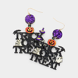 Glittered Pumpkin Ghost Bat Witch Hat Cobweb Pointed Trick of Treat Message Dangle Earrings