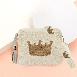 Seed Beaded Crown Accented Rectangle Tassel Crossbody Bag