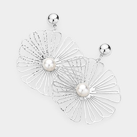 Pearl Centered Brass Metal Flower Dangle Earrings