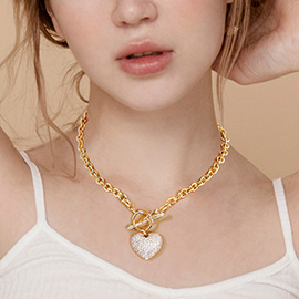Gold Dipped CZ Pave Heart Pendant Toggle Necklace