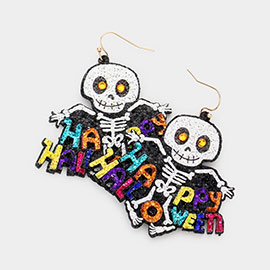 Happy Halloween Message Glittered Skull Dangle Earrings