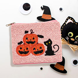 Pumpkin Black Cat Seed Beaded Halloween Mini Pouch Bag