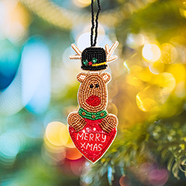 Merry Xmas Message Felt Back Seed Beaded Rudolph Heart Christmas Ornament