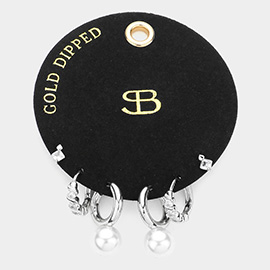 Secret Box _ Sterling Silver Dipped Stone Pearl Embellished Metal Hoop 3Pairs Earrings