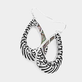 Abalone Pointed Embossed Open Metal Teardrop Dangle Earrings