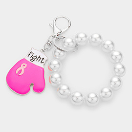 Fight Message Pink Ribbon Glove Pearl Stretch Keychain / Bracelet