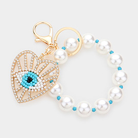Evil Eye Centered Heart Pearl Stretch Keychain / Bracelet