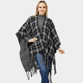 Reversible Plaid Check Patterned Cape Poncho