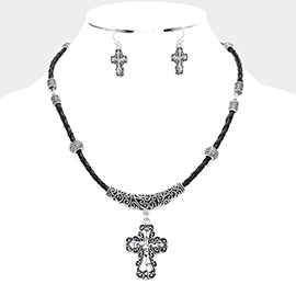 Embossed Metal Cross Pendant Necklace