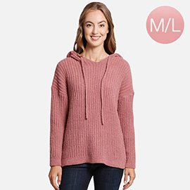 Solid Colored Ribbed Drawstring Hoodie Sweater