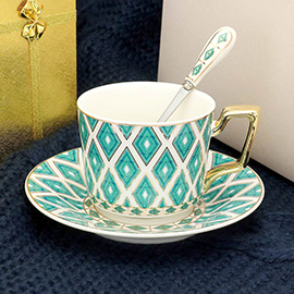 Geometric Patterned Ceramic Mug Cup and Saucer Set