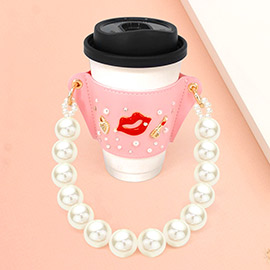 Heart Lock Lips Lipstick Coffee Cup Sleeve With Pearl Strap