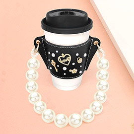 Flower Love Message Heart Lock Key Coffee Cup Sleeve With Pearl Strap