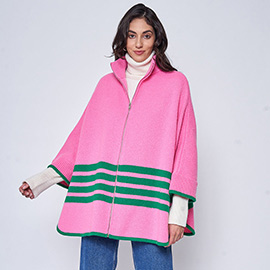 Sporty Bordered Zip Up Knit Cape Poncho