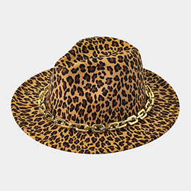 Leopard Patterned Chain Band Fedora Hat