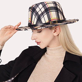 Plaid Check Patterned Faux Leather Band Fedora Hat