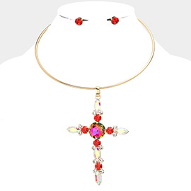 Multi Stone Embellished Cross Pendant Evening Choker Necklace