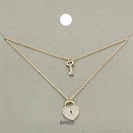 Brass Rhinestone Embellished Metal Heart Lock Key Pendant Double Layered Necklace