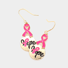 Enamel Pink Ribbon Hope Message Dangle Earrings