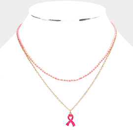 Enamel Pink Ribbon Pendant Double Layered Necklace
