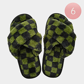 6Pairs - Checkerboard Faux Fur Crisscross Soft Home Indoor Floor Slippers