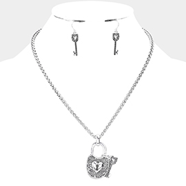 Heart Centered Metal Lock Key Pendant Necklace