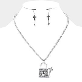 Cross Centered Metal Lock Key Pendant Necklace
