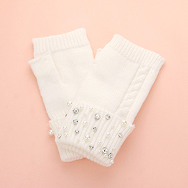 Pearl Stone Embellished Knit Fingerless Gloves