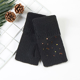 Bling Stone Embellished Knit Fingerless Gloves