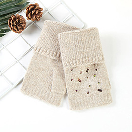 Bling Stone Embellished Knit Fingerless Gloves