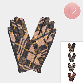 12Pairs - Lurex Plaid Check Patterned Touch Smart Gloves