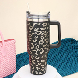 40oz Stainless Steel Leopard Patterned Tumbler with Handle