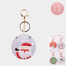 12PCS - Santa Claus Gingerbread Man Candy Cane Christmas Theme Printed Cosmetic Mirrors Keychain